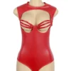 Body rouge effet cuir à bonnets ajourés (7) Body rouge effet cuir à bonnets ajourés
