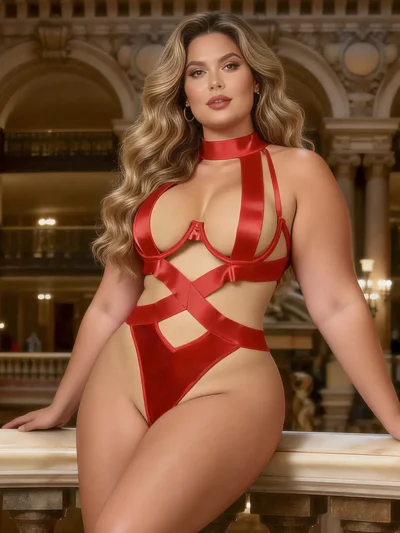 Body rouge en satin et bonnets ouverts (1) Body rouge en satin et bonnets ouverts
