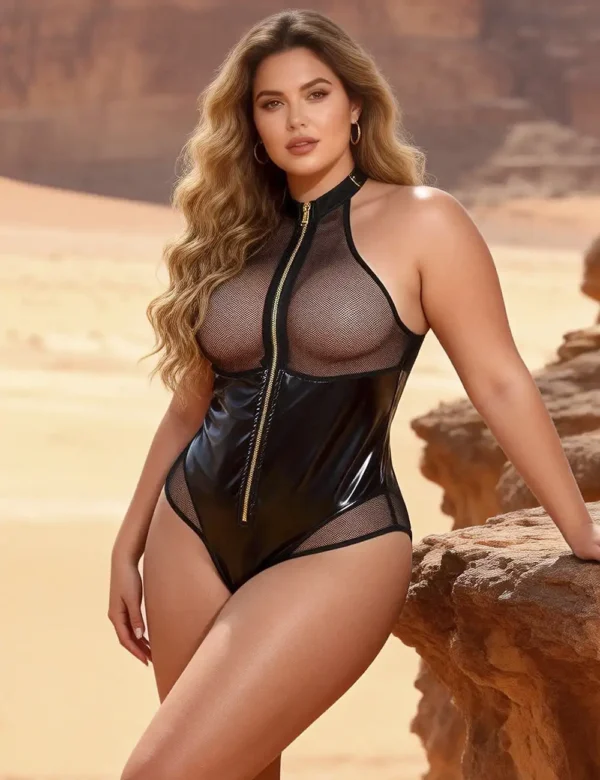 Body sexy effet cuir zip et résille (1) Body sexy effet cuir noir et résille zippé