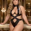 Body string noir satin et lanières (1) Body string noir satin et lanières