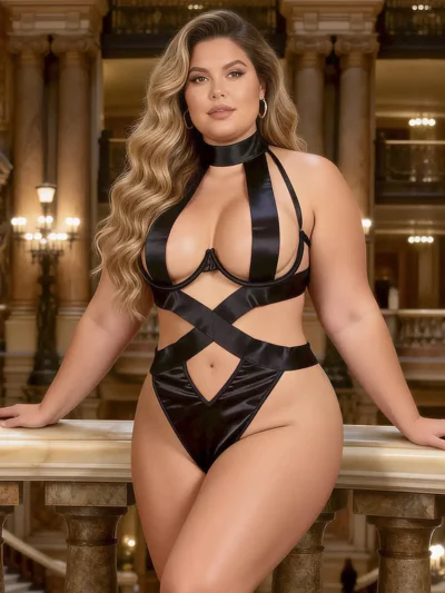Body string noir satin et lanières