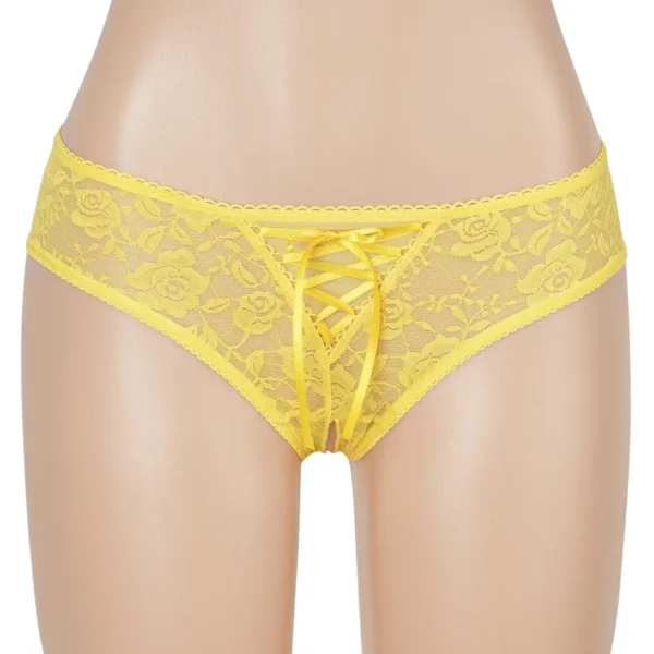 Culotte fendue à lacets en dentelle jaune (2) Culotte fendue à lacets en dentelle