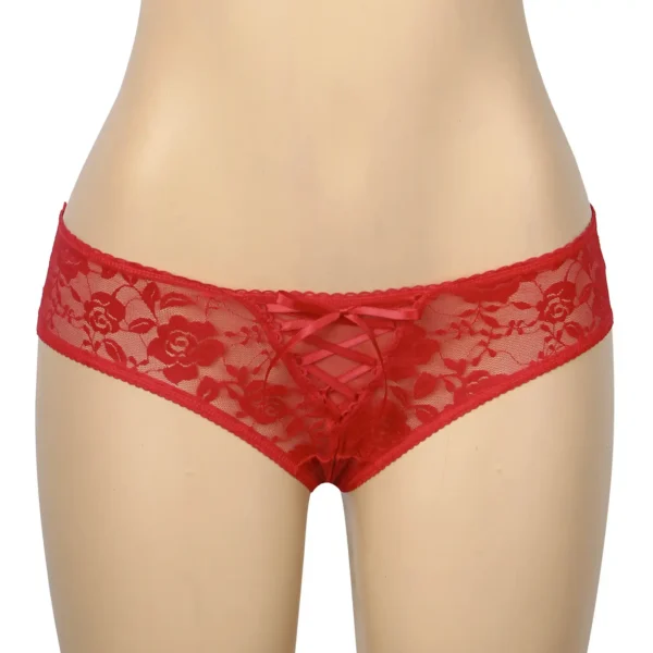 Culotte fendue à lacets en dentelle rouge (4) Culotte fendue à lacets en dentelle