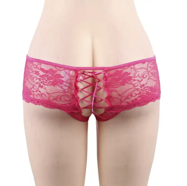 Culotte ouverte en dentelle à dos lacé rose (1) Culotte ouverte en dentelle à dos lacé