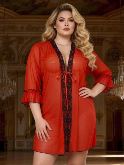 Déshabillé rouge voile et dentelle