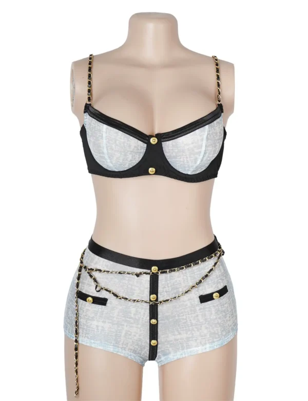Ensemble lingerie bleu ciel boutons et chaînes dorées (2) Ensemble lingerie bleu ciel boutons et chaînes dorées