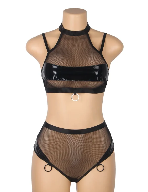 Ensemble lingerie culotte haute cuir et résille (5) Ensemble lingerie cuir culotte haute et résille