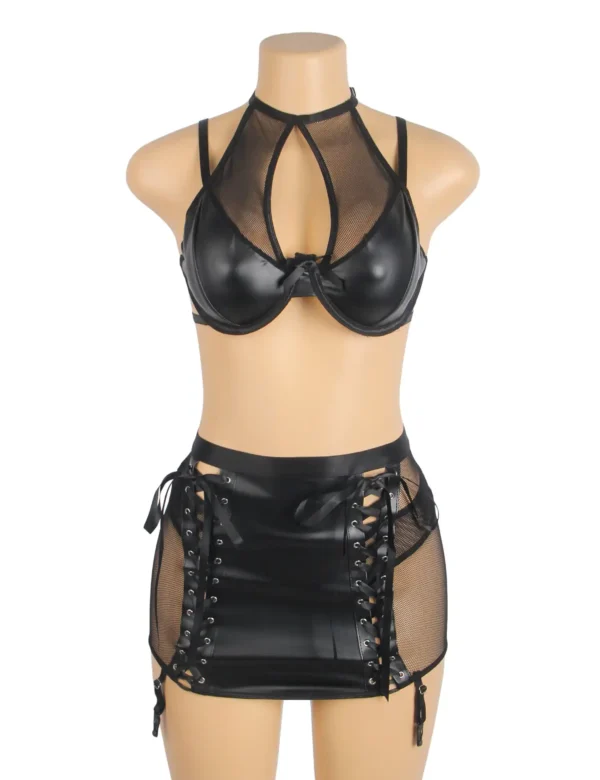 Ensemble lingerie effet cuir résille et lacets (6) Ensemble lingerie effet cuir résille et lacets