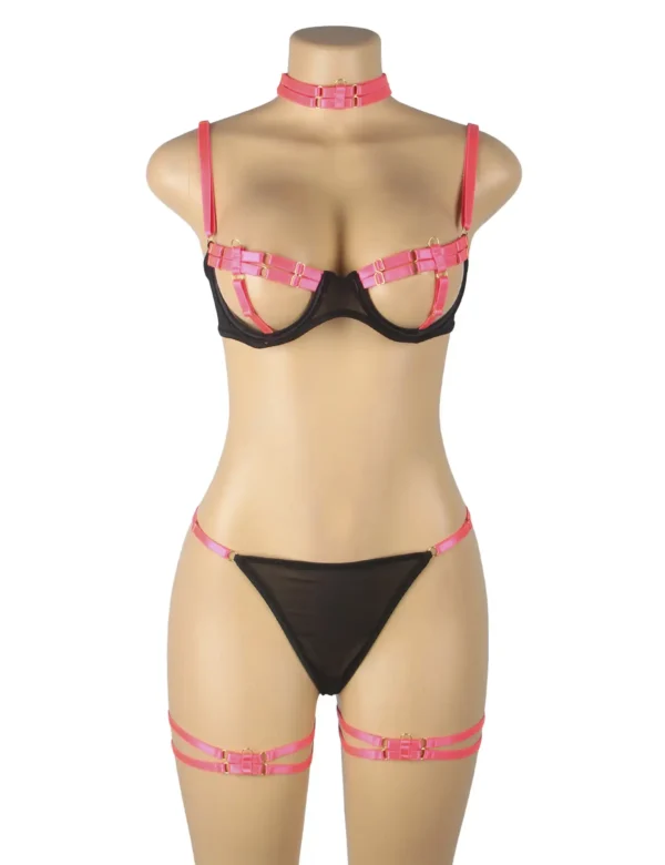 Ensemble lingerie noir et rose fluo à lanières (2) Ensemble lingerie noir et rose fluo à lanières