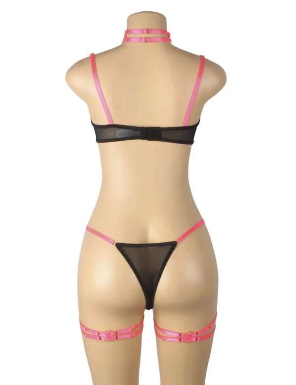 Ensemble lingerie noir et rose fluo à lanières (3) Ensemble lingerie noir et rose fluo à lanières
