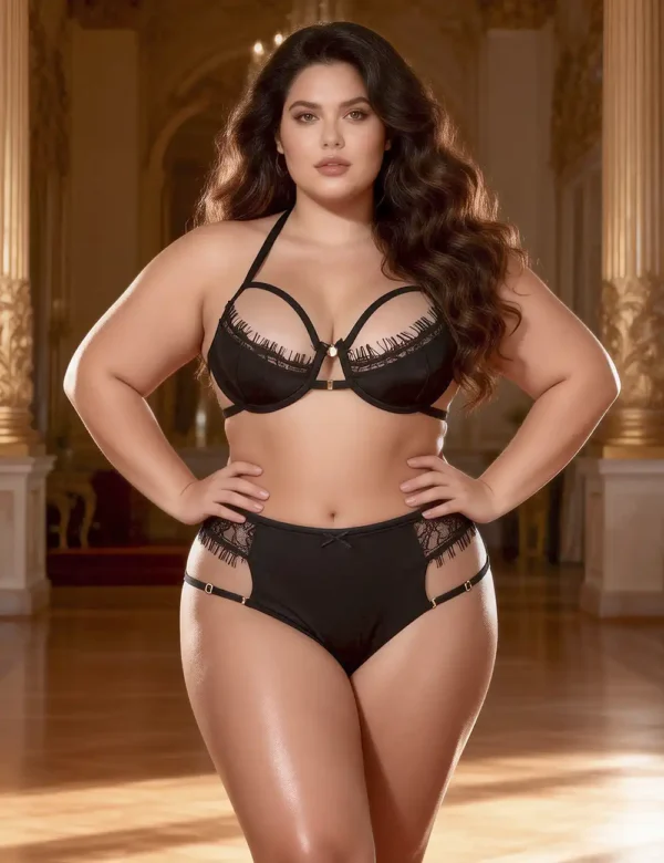 Ensemble lingerie noire grande taille à lanières (2) Ensemble lingerie noire grande taille à lanières