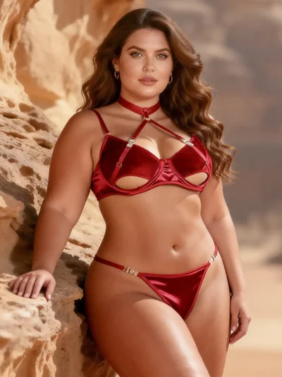 Ensemble lingerie velours rouge à lanières (1) Ensemble lingerie velours rouge à lanières