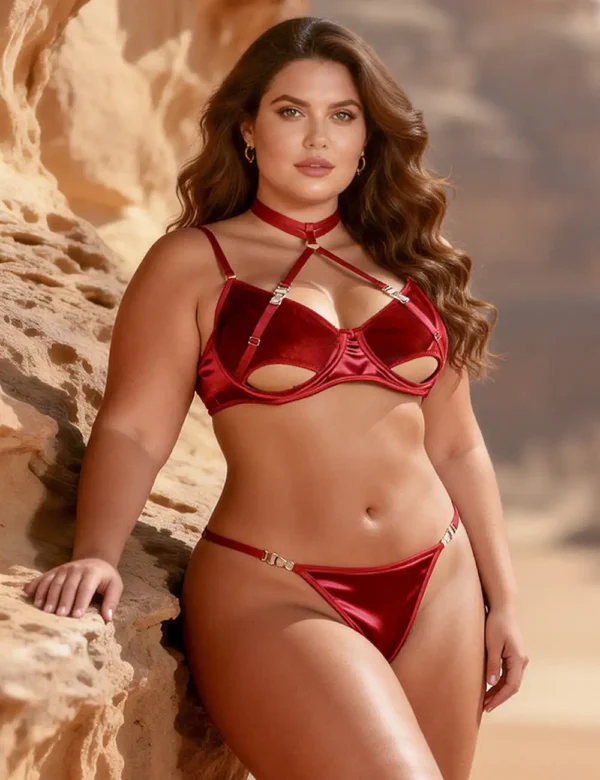 Ensemble lingerie velours rouge à lanières (1) Ensemble lingerie velours rouge à lanières