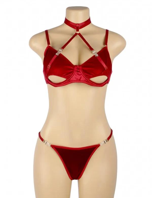 Ensemble lingerie velours rouge à lanières (4) Ensemble lingerie velours rouge à lanières