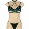 Ensemble lingerie velours vert à lanières (4) Ensemble lingerie velours vert à lanières