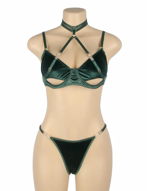 Ensemble lingerie velours vert à lanières (4) Ensemble lingerie velours vert à lanières
