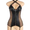 Guêpière effet cuir et résille transparente (2) Guêpière effet cuir et résille transparente
