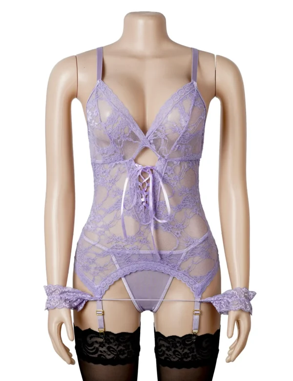 Guêpière lavande sexy en dentelle avec menottes (4) Guêpière lavande sexy en dentelle avec menottes