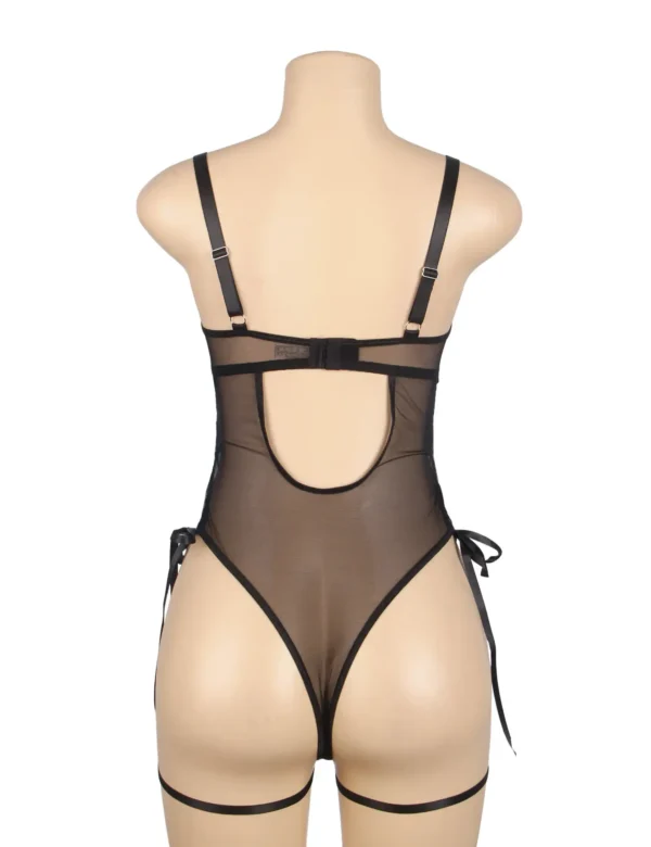 Guêpière noire effet cuir résille et lacets (4) Guêpière noire effet cuir résille et lacets