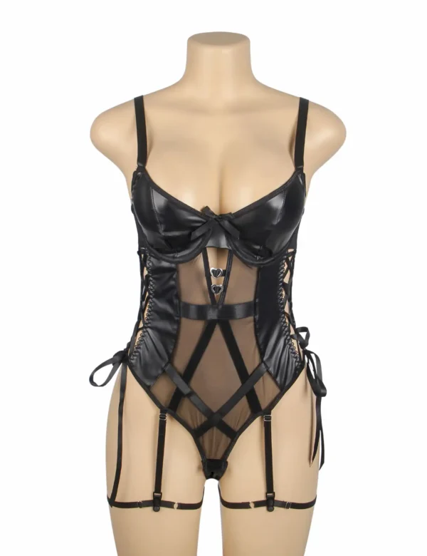 Guêpière noire effet cuir résille et lacets (5) Guêpière noire effet cuir résille et lacets