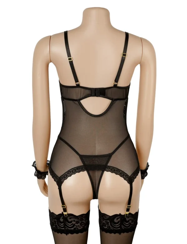 Guepière noire sexy en dentelle avec menottes (3) Guêpière noire sexy en dentelle avec menottes