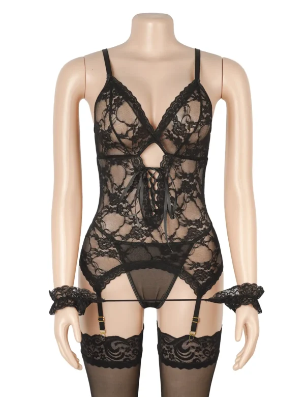 Guepière noire sexy en dentelle avec menottes (4) Guêpière noire sexy en dentelle avec menottes
