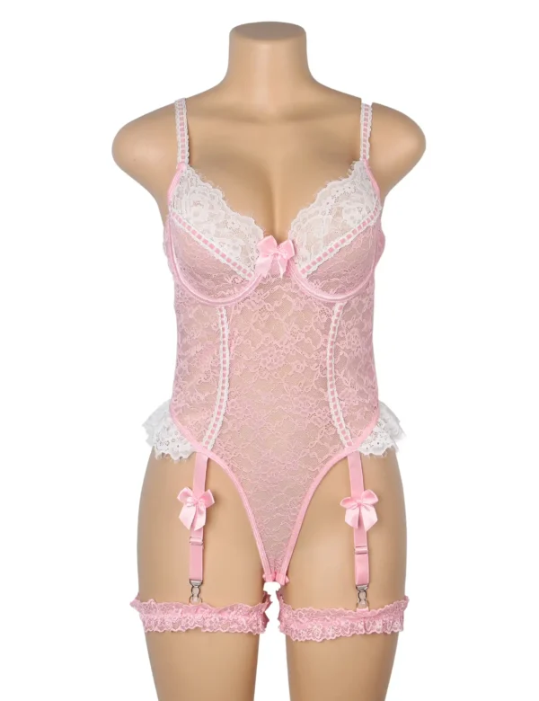 Guêpière rose et blanche en dentelle avec jarretières (4) Guêpière rose et blanche en dentelle avec jarretières