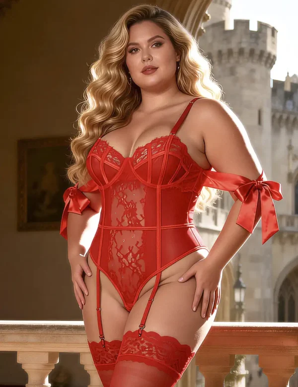 Guêpière rouge en dentelle avec attaches en satin (11) Guêpière rouge en dentelle avec attaches en satin