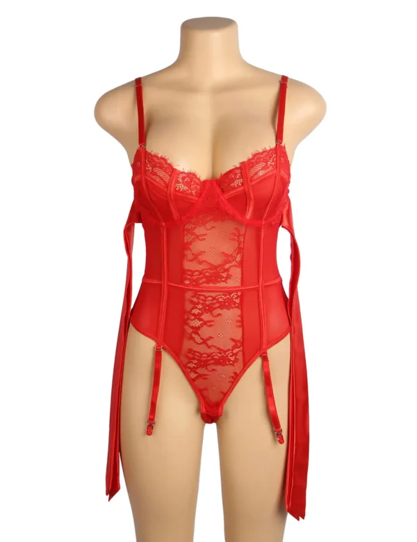 Guêpière rouge en dentelle avec attaches en satin (7) Guêpière rouge en dentelle avec attaches en satin