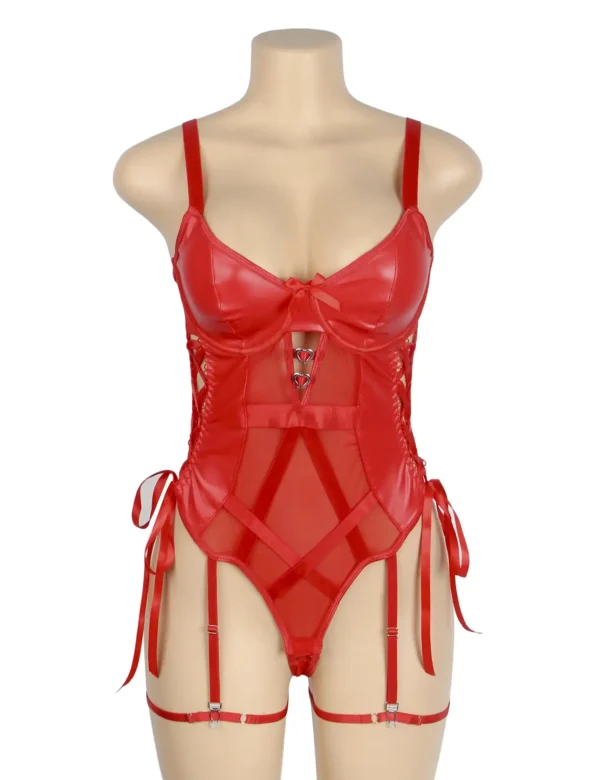 Guêpière rouge sexy cuir et résille (5) Guêpière rouge sexy cuir et résille