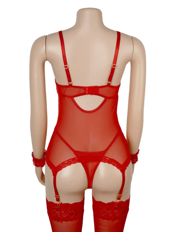 Guêpière rouge sexy en dentelle avec menottes (2) Guêpière rouge sexy en dentelle avec menottes