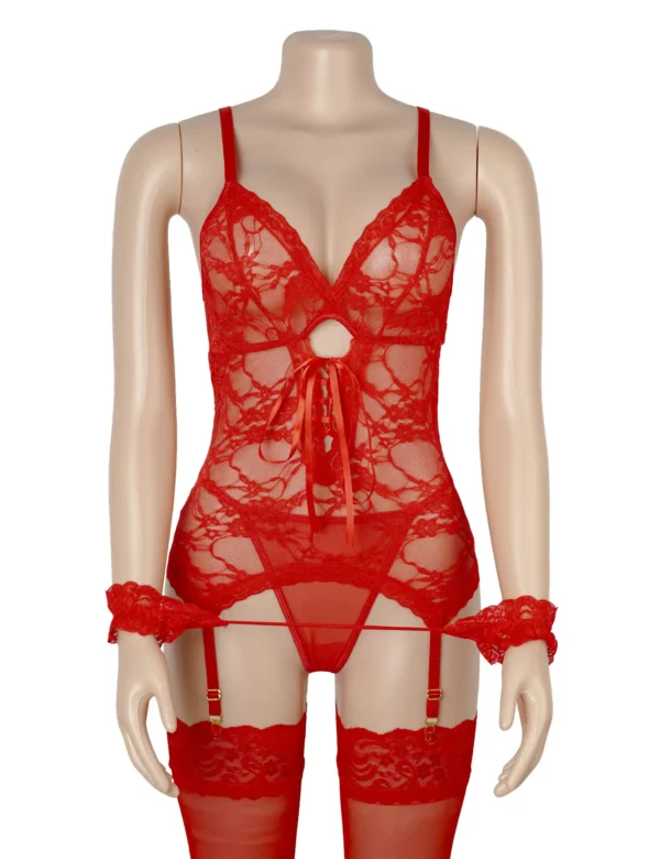 Guêpière rouge sexy en dentelle avec menottes (3) Guêpière rouge sexy en dentelle avec menottes