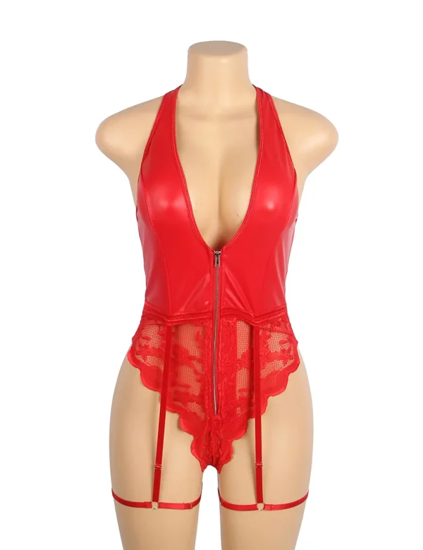 Guêpière rouge zippée cuir et dentelle (2) Guêpière rouge zippée cuir et dentelle