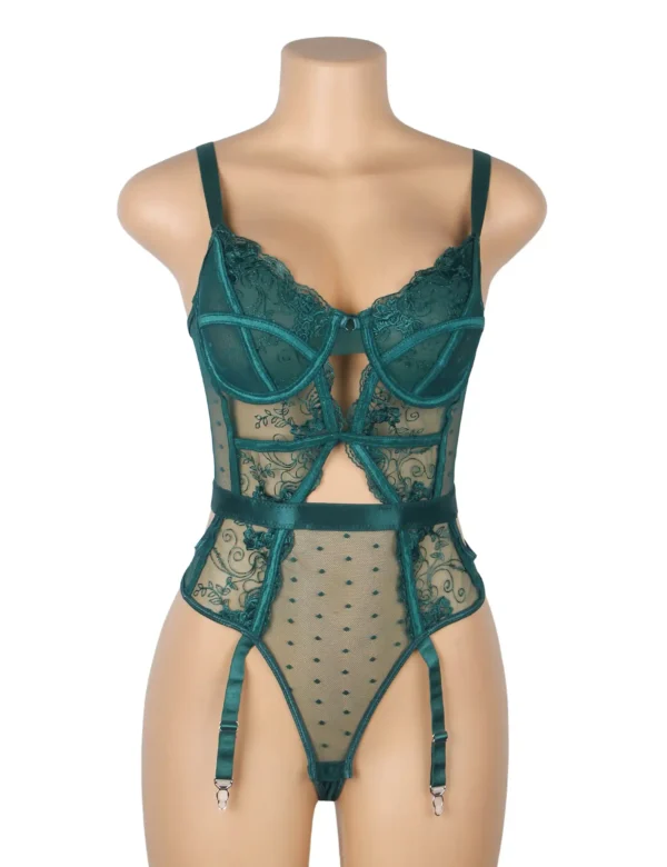 Guêpière vert émeraude en dentelle et résille