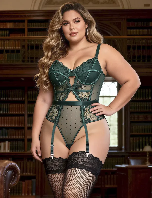 Guêpière vert émeraude en dentelle et résille