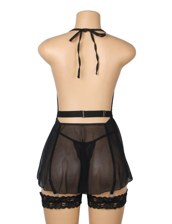 Nuisette à jarretelles noire voile transparent et dos nu (2) Nuisette à jarretelles noire en voile transparent dos nu