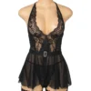 Nuisette à jarretelles noire voile transparent et dos nu (3) Nuisette à jarretelles noire en voile transparent dos nu