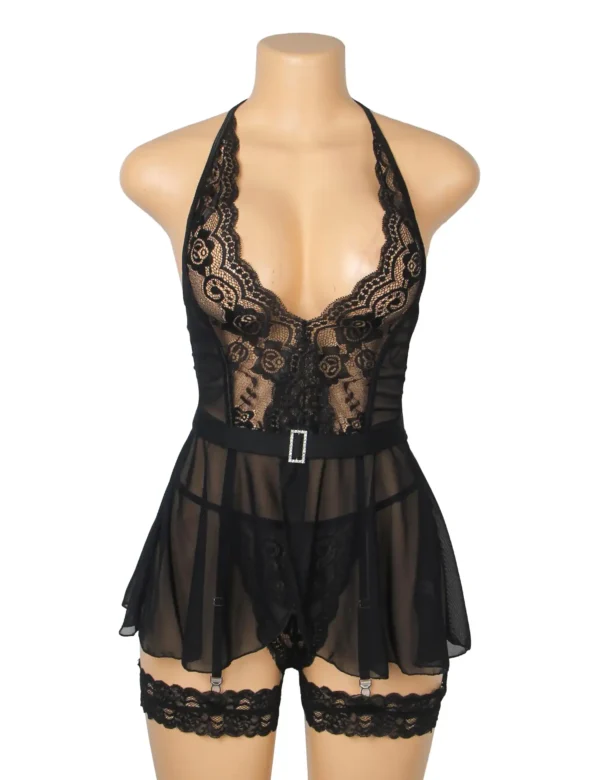 Nuisette à jarretelles noire voile transparent et dos nu (3) Nuisette à jarretelles noire en voile transparent dos nu