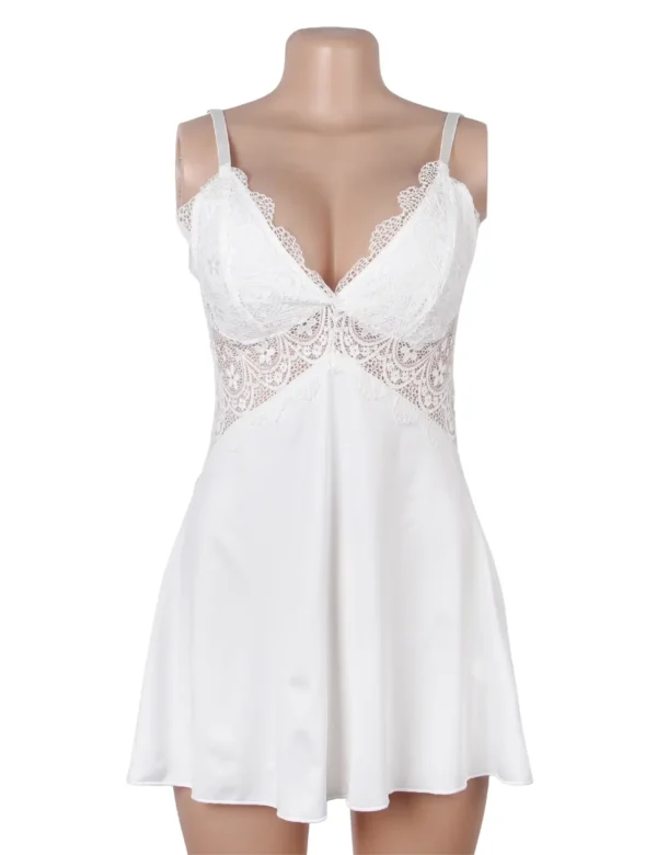 Nuisette blanche satinée poitrine et dos en dentelle (2) Nuisette blanche satinée poitrine et dos en dentelle