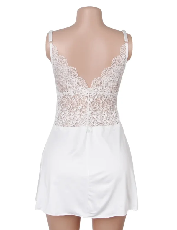 Nuisette blanche satinée poitrine et dos en dentelle (3) Nuisette blanche satinée poitrine et dos en dentelle