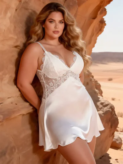 Nuisette blanche satinée poitrine et dos en dentelle (4) Nuisette blanche satinée poitrine et dos en dentelle