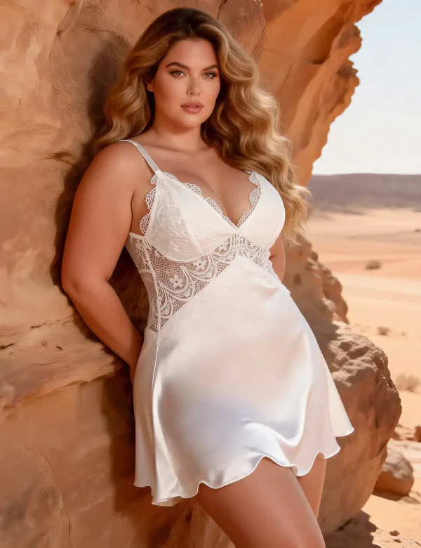 Nuisette blanche satinée poitrine et dos en dentelle (4) Nuisette blanche satinée poitrine et dos en dentelle