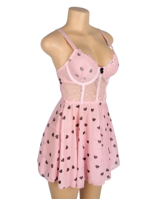 Nuisette bustier rose à cœurs noirs (2) Nuisette bustier rose à cœurs noirs