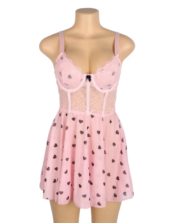 Nuisette bustier rose à cœurs noirs (3) Nuisette bustier rose à cœurs noirs