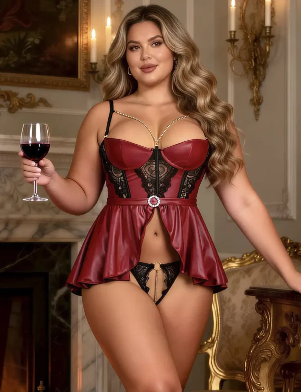 Nuisette cuir bordeaux dentelle et chaîne dorée (1) Nuisette cuir bordeaux dentelle et chaîne dorée