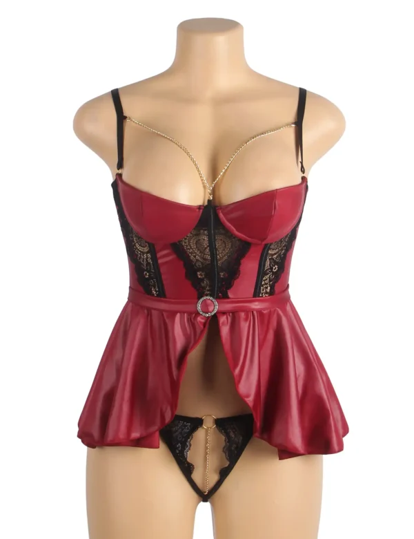 Nuisette cuir bordeaux dentelle et chaîne dorée (4) Nuisette cuir bordeaux dentelle et chaîne dorée