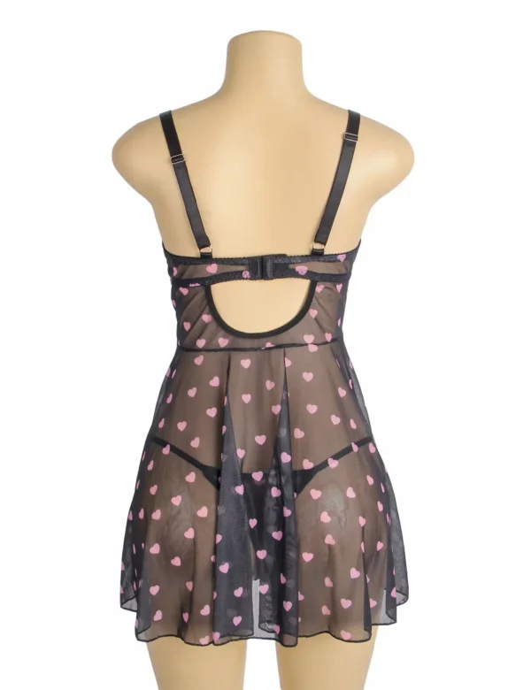 Nuisette dentelle noire et voile à coeurs roses (2) Nuisette dentelle noire et voile à cœurs roses