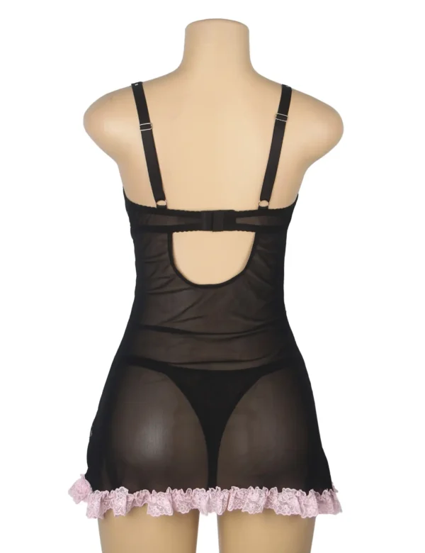 Nuisette noire à dentelle rose poudré (5) Nuisette noire à dentelle rose poudré