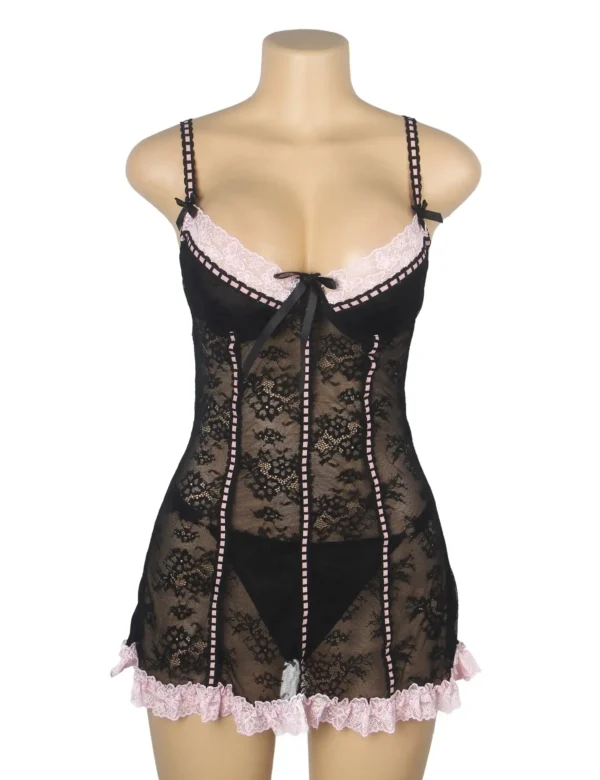 Nuisette noire à dentelle rose poudré (6) Nuisette noire à dentelle rose poudré
