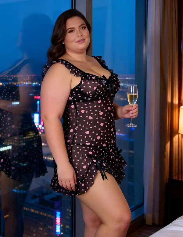 Nuisette noire à volants et cœurs roses (vue de profil) Nuisette noire à volants et cœurs roses